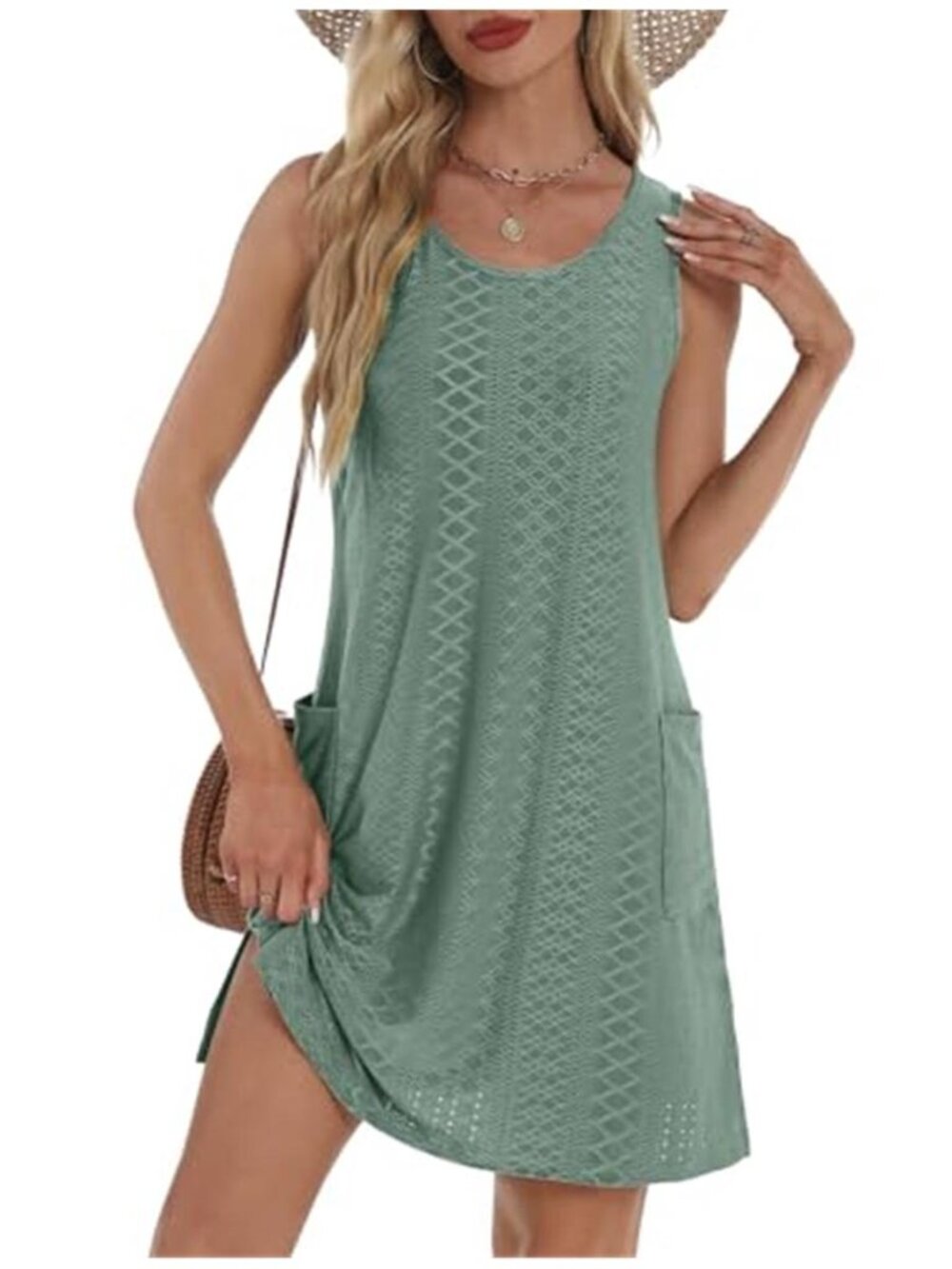BKRIVE Sage Green Eyelet Swim Cover Up Sleeveless Tank Beach Dress with Pockets